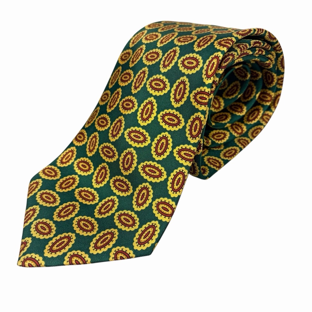 Throttleman England Silk Tie Vintage‎ Green Yellow Geometric Designer Necktie